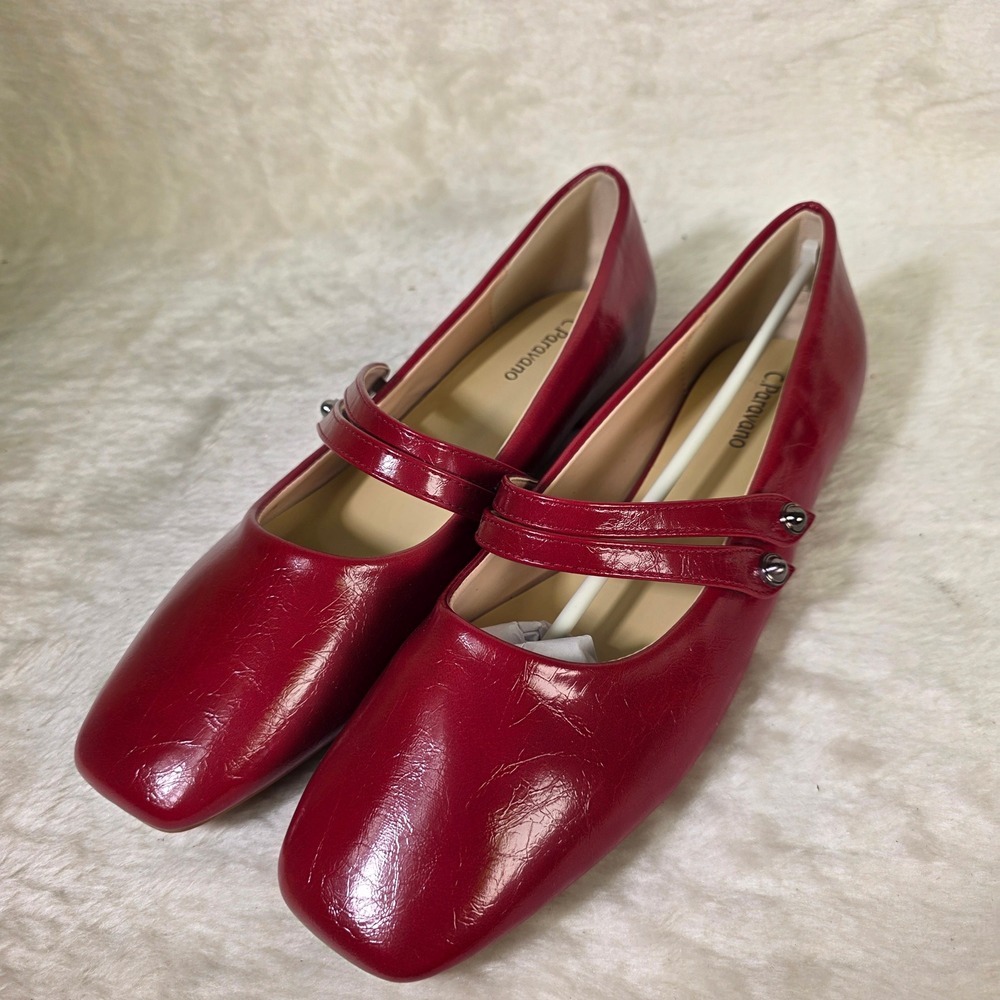 C.Paravano Mary Jane Ballet Flats Red Square Toe Double Strap Women Size 9.5 NEW